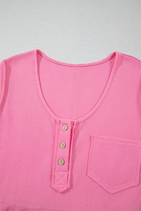 Bright Pink Waffle Textured Button Round Neck A-line Tiered Sleeveless Dress